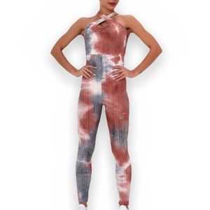 Woman’s Tie-dyed Patriotic Honeycomb Compression Yoga Athletic Jumpsuit